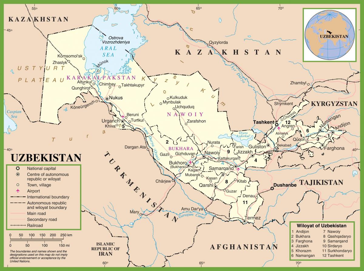 zemljevid Uzbekistan politične 